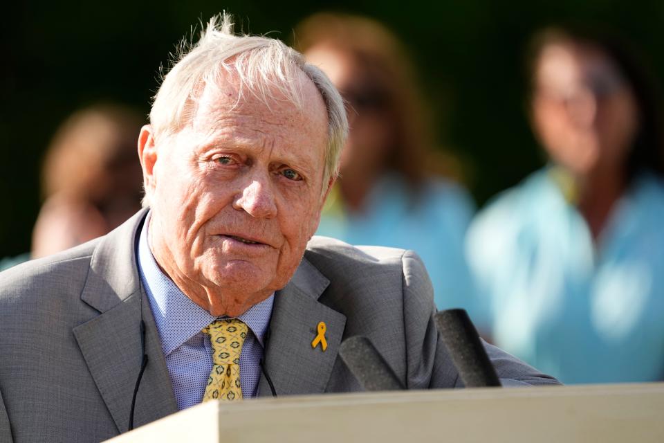 Jun 9, 2024; Dublin, Ohio, USA; Retired golfer Jack Nicklaus speaks during the trophy presentation for the Memorial Tournament at Muirfield Village Golf Club. Mandatory Credit: Adam Cairns-USA TODAY Sports