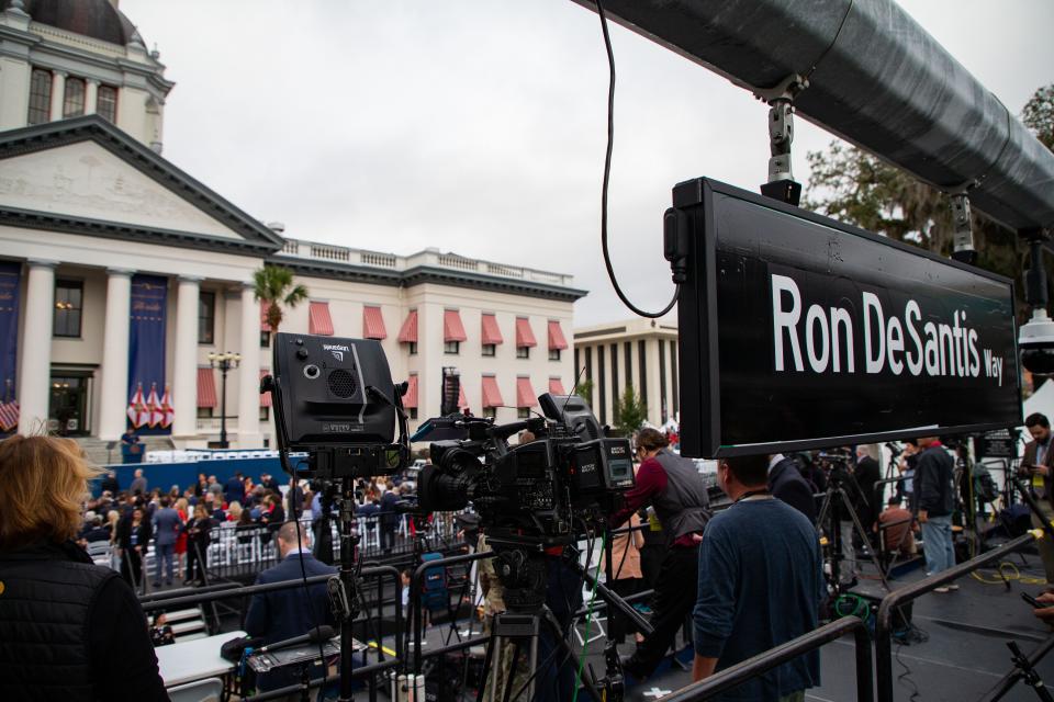 People begin to file in for the inauguration of Gov. Ron DeSantis in front of Florida’s Historic Capitol on Tuesday, Jan. 3, 2023. 