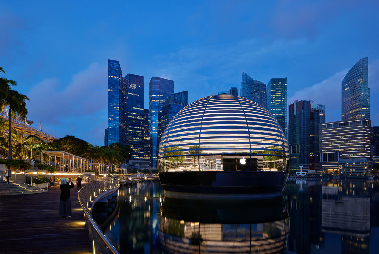 Appearing as a floating sphere, Apple Marina Bay Sands is the first Apple store to sit directly on the water. (PHOTO: Apple)