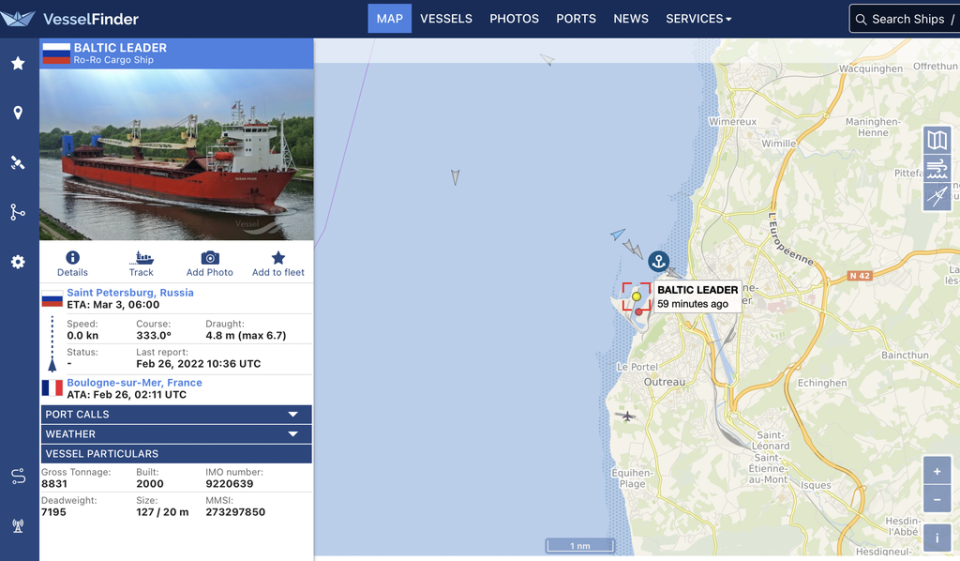 Baltic Leader ship in Boulogne after it was intercepted by the French navy (Vessel Finder/screenshot)