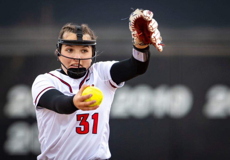 Ball State softball's Angelina Russo during her freshman season in 2022 pitched the first perfect game in program history.