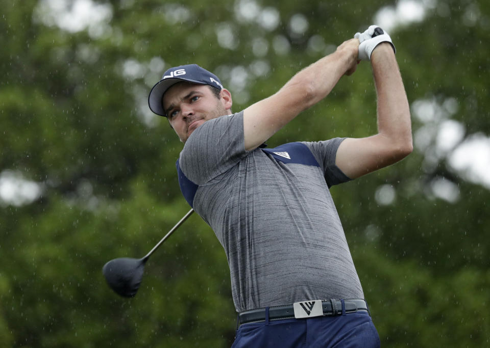 Corey Conners hits his drive on the second hole during the third round of the Texas Open golf tournament, Saturday, April 6, 2019, in San Antonio. (AP Photo/Eric Gay)