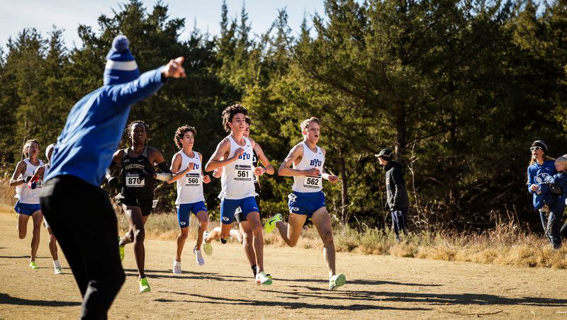 BYU cross-country runners compete in the 2022 NCAA championships in Stillwater, Oklahoma. BYU is moving from the WCC to the Big 12 this year, but should still contend for a conference title.