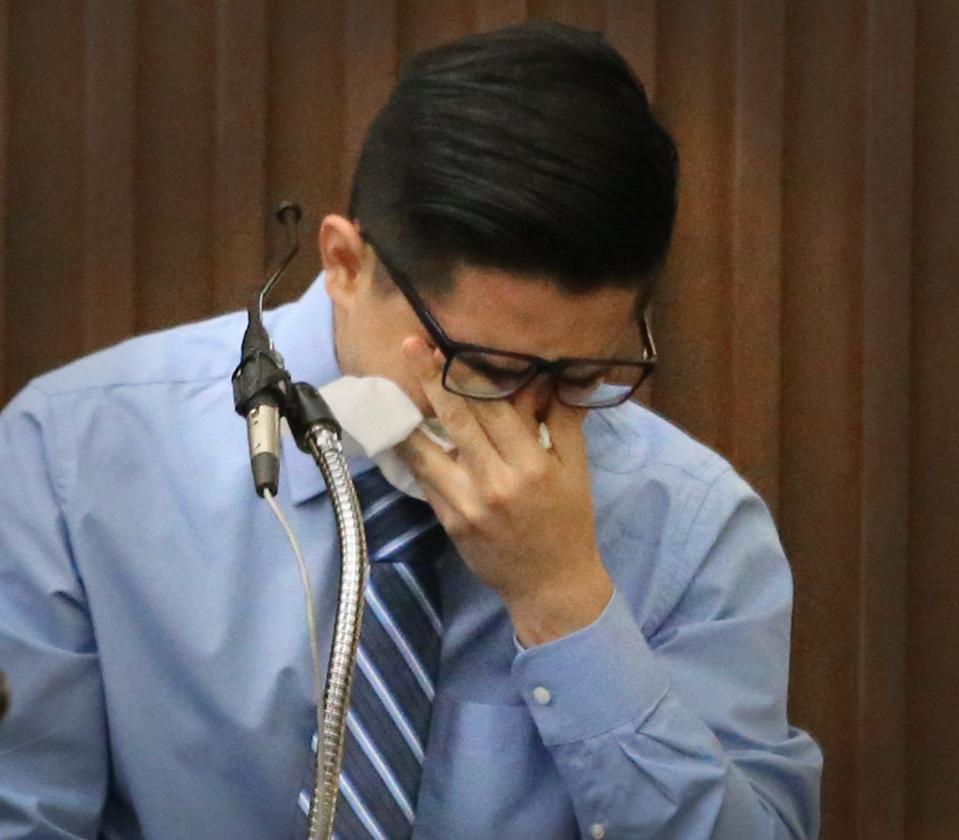 Mauricio Guerrero sheds tears on the witness stand during his trial at Strafford County Superior Court in Dover Monday, May 15, 2023.