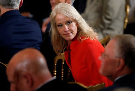 White House Counselor Kellyanne Conway takes her seat before a Medal of Honor ceremony in the East Room of the White House in Washington, U.S., July 31, 2017. REUTERS/Joshua Roberts