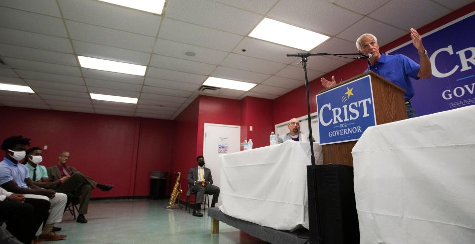 Charlie Crist speaks during the monthly Faith Leaders Council Meeting at Bethel Family Life Center on Monday, Aug. 15, 2022 in Tallahassee, Fla. 