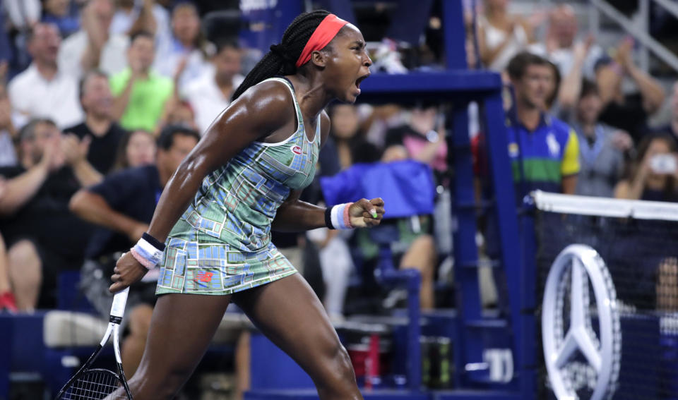 Coco Gauff reacts after winning a point against Timea Babos, of Hungary, during the second round of the U.S. Open tennis tournament in New York, Thursday, Aug. 29, 2019. (AP Photo/Charles Krupa)