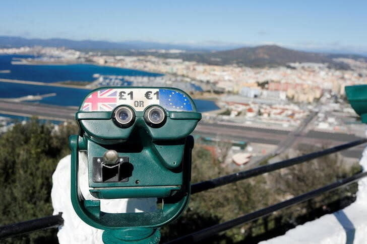 FILE PHOTO: Tourist binoculars offer users the chance to pay in Pounds or Euros, on top of the Rock in the British overseas territory of Gibraltar