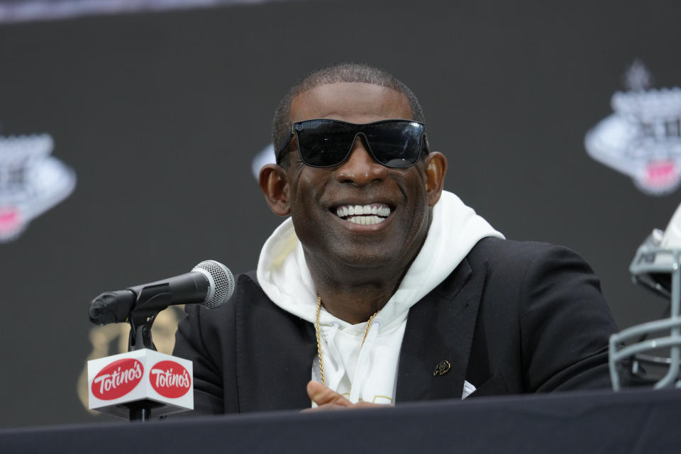 Colorado head coach Deion Sanders speaks during the Big 12 NCAA college football media days in Las Vegas, Wednesday, July 10, 2024. (AP Photo/Lucas Peltier)