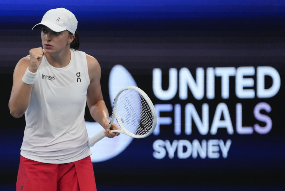 Poland's Iga Swiatek reacts during her match against Germany's Angelique Kerber in the final of the United Cup in Sydney, Australia, Sunday, Jan. 7, 2024. (AP Photo/Mark Baker)