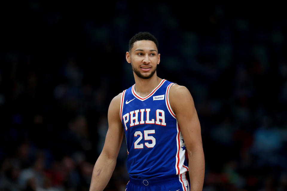 NEW ORLEANS, LOUISIANA - FEBRUARY 25: Ben Simmons #25 of the Philadelphia 76ers stands on the court during the first half of a game against the New Orleans Pelicans at the Smoothie King Center on February 25, 2019 in New Orleans, Louisiana. NOTE TO USER: User expressly acknowledges and agrees that, by downloading and or using this photograph, User is consenting to the terms and conditions of the Getty Images License Agreement. (Photo by Sean Gardner/Getty Images)