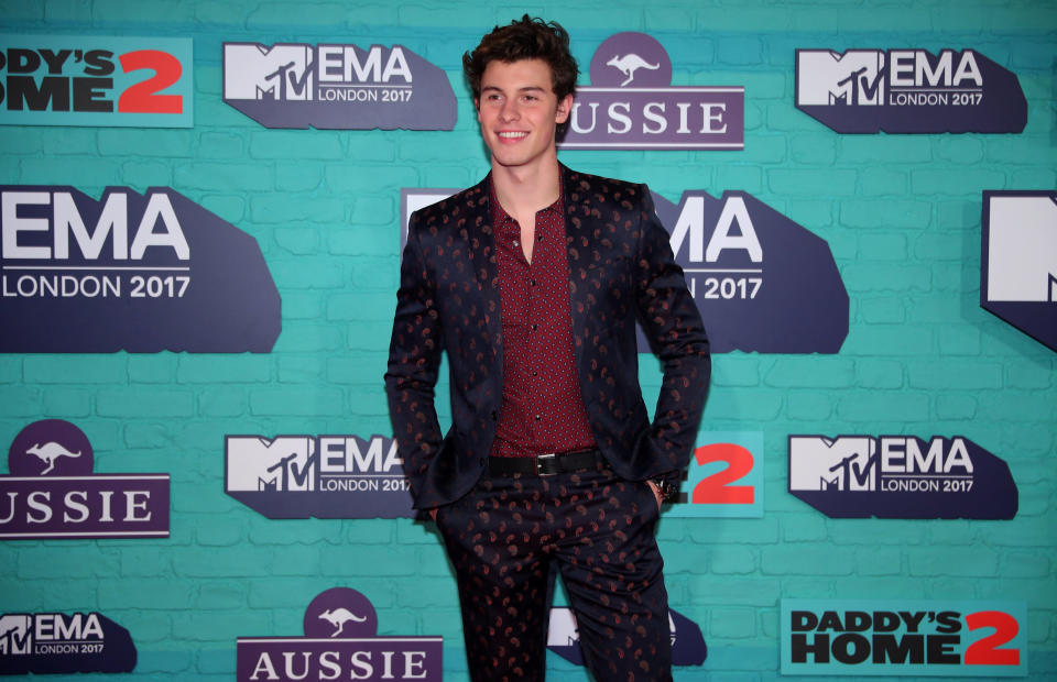 Canadian singer Shawn Mendes arrives at the 2017 MTV Europe Music Awards at Wembley Arena in London.