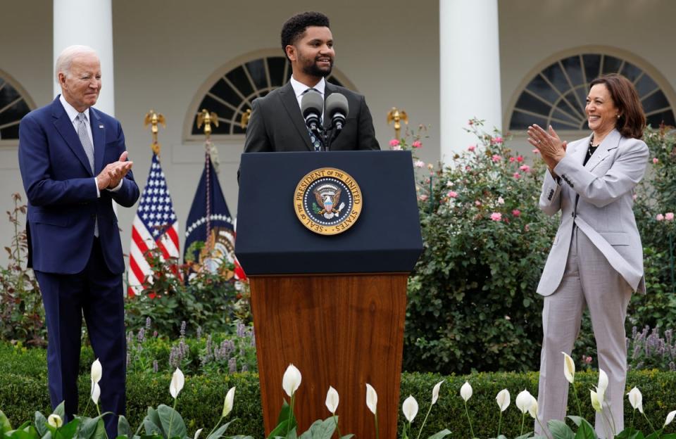 US Rep Maxwell Frost speaks at the White House Rose Garden to introduce a White House Office of Gun Violence Prevention on 22 September (REUTERS)