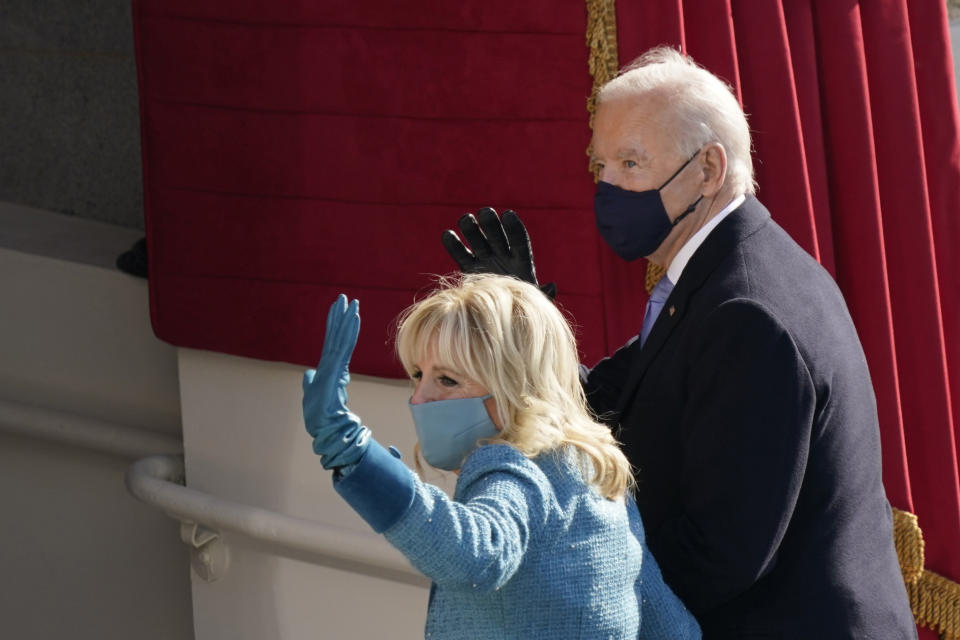 President Joe Biden and first lady Jill Biden, walk out after participating in the 59th Presidential Inauguration at the U.S. Capitol in Washington, Wednesday, Jan. 20, 2021.(AP Photo/Carolyn Kaster)