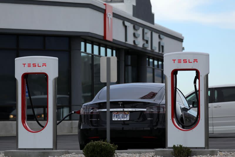 FILE PHOTO: A Tesla charging station is seen in Salt Lake City