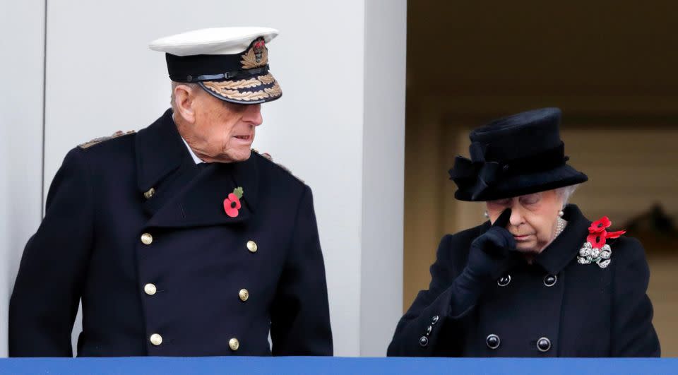 Prince Philip could be seen giving his wife a comforting glance. Photo: Getty Images