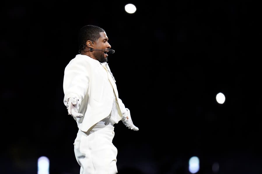 Usher performs during the NFL Super Bowl 58 football game Sunday, Feb. 11, 2024, in Las Vegas. (AP Photo/Steve Luciano)
