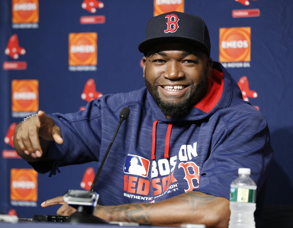 Boston Red Sox designated hitter David Ortiz gestures as he speaks to members of the media during a press conference before the first baseball game of a three-game series against the New York Yankees in New York, Tuesday, Sept. 27, 2016. (AP Photo/Kathy Willens)