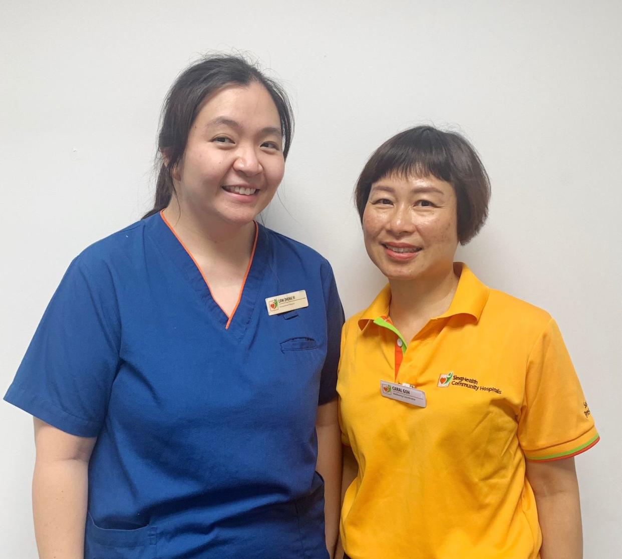 Both Low Zheng Yi (left) and Caral Goh (right), who work at Sengkang Community Hospital, have been working and volunteering in the community care sector for more than four years. 