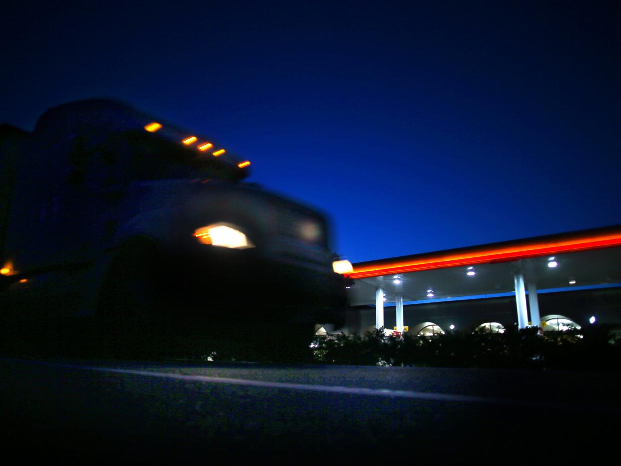 A truck pulls into the Pilot Flying J truck stop in North Stonington, CT on July 21, 2020.