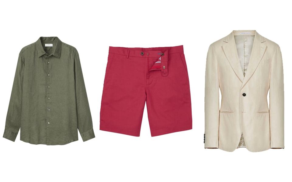 Linen shirt, £115, asket.com Linen shorts, £99.90, charlestyrwhitt.com Reiss linen blazer, £190, selfridges.com