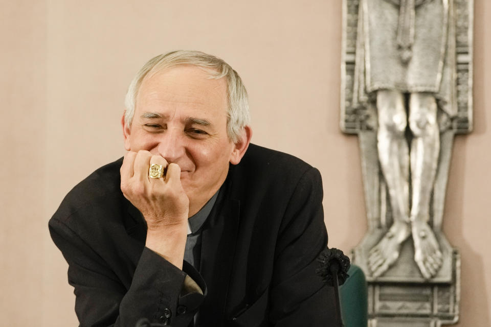 Cardinal Matteo Zuppi, the new head of the Italian bishops conference, smiles during a press conference in Rome, Friday, May 27, 2022. Pope Francis named a bishop in his own image, Cardinal Matteo Zuppi, as the new head of the Italian bishops conference, as the Italian Catholic Church comes under mounting pressure to confront its legacy of clerical sexual abuse with an independent inquiry. (AP Photo/Alessandra Tarantino)