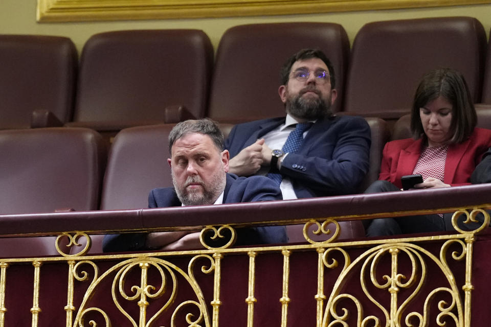 The leader of the Catalonian ERC party Oriol Junqueras attends a parliamentary session in Madrid, Spain, Thursday, March 14, 2024. Prime Minister Pedro Sánchez has promoted the amnesty as a way to move past a secession attempt by the then-leaders of Catalonia, a northeastern region centered around Barcelona where many speak the local Catalan language as well as Spanish. (AP Photo/Manu Fernandez)