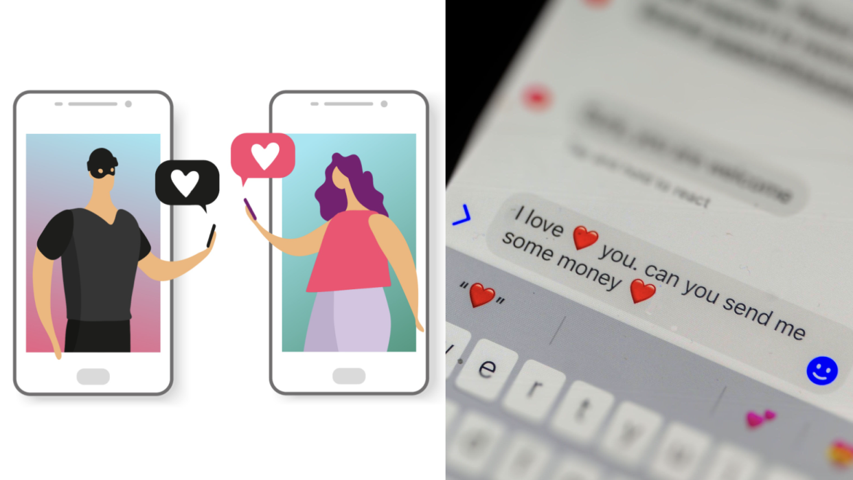 Illustration of dating app scams (left) and example of a dating scam (Photos: Getty Images) 