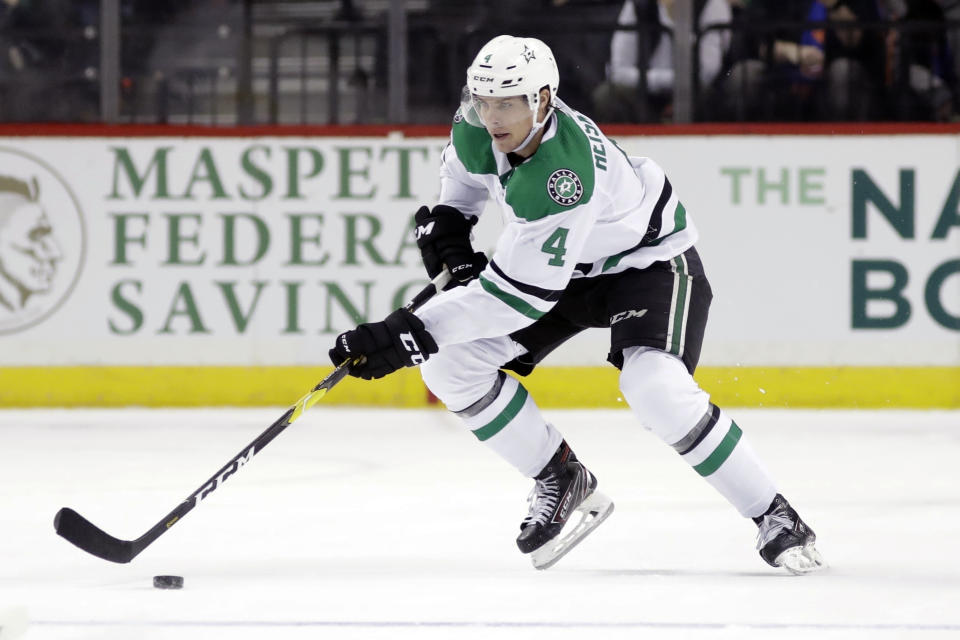 FILE - Dallas Stars' Miro Heiskanen (4) is shown during the third period of an NHL hockey game against the New York Islanders in New York, in this Tuesday, Feb. 4, 2020, file photo. Heiskanen, only 21 and with 150 regular-season games to his credit, has already established himself as one of the league’s top defenseman. He has been productive on both ends of the ice, and should only get better. (AP Photo/Frank Franklin II, File)