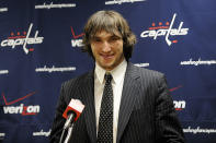 <p>Alex Ovechkin #8 of the Washington Capitals smiles during a press conference announcing a new 13 year, $124 million dollar contract with the Washington Capitals at the Verizon Center on January 10, 2008 in Washington, DC. (Photo by Greg Fiume/NHLI via Getty Images) </p>