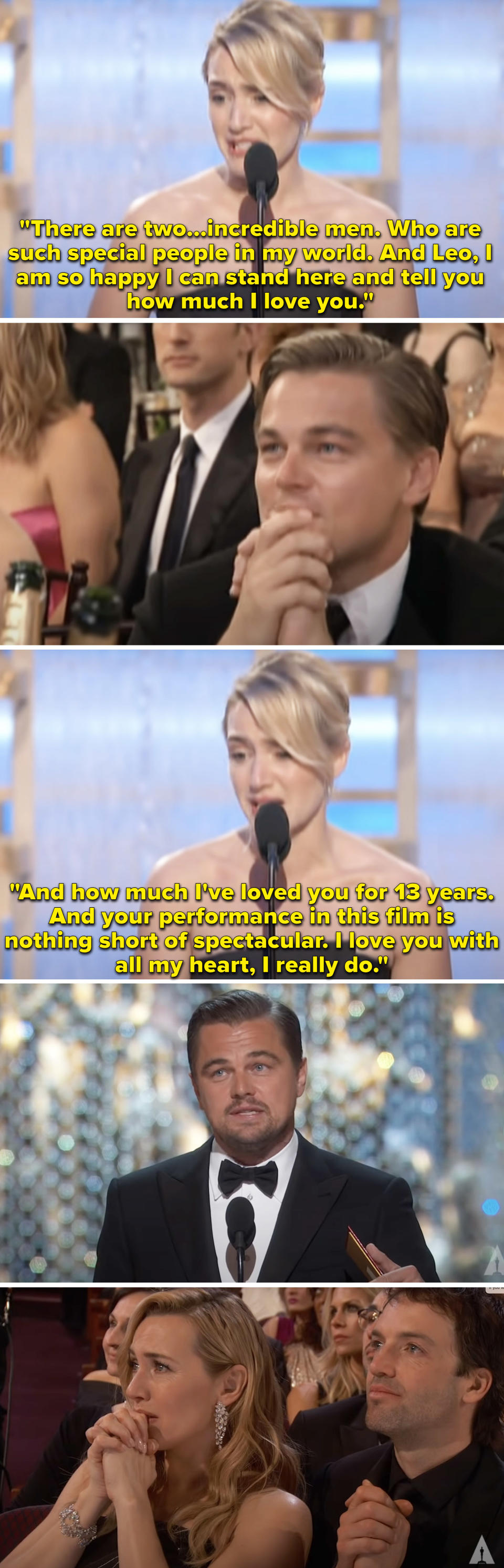 Kate Winslet giving an acceptance speech and Leonardo DiCaprio's smiling reaction, and Leonardo DiCaprio's acceptance speech and Kate Winslet's emotional reaction