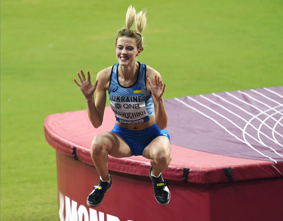 Yaroslava Mahuchikh, of Ukraine, reacts after competing in the women's high jump final at the World Athletics Championships in Doha, Qatar, Monday, Sept. 30, 2019. (AP Photo/Nick Didlick)
