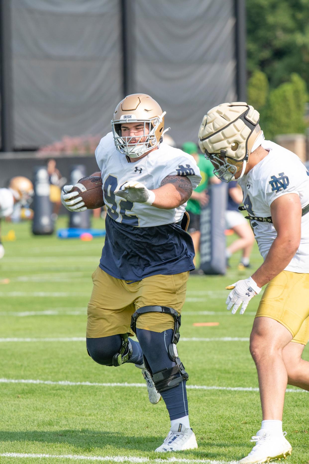 Aidan Keanaaina DL of the Fighting Irish at football practice at the Irish Athletic Center at Notre Dame on Tuesday August 1, 2023.