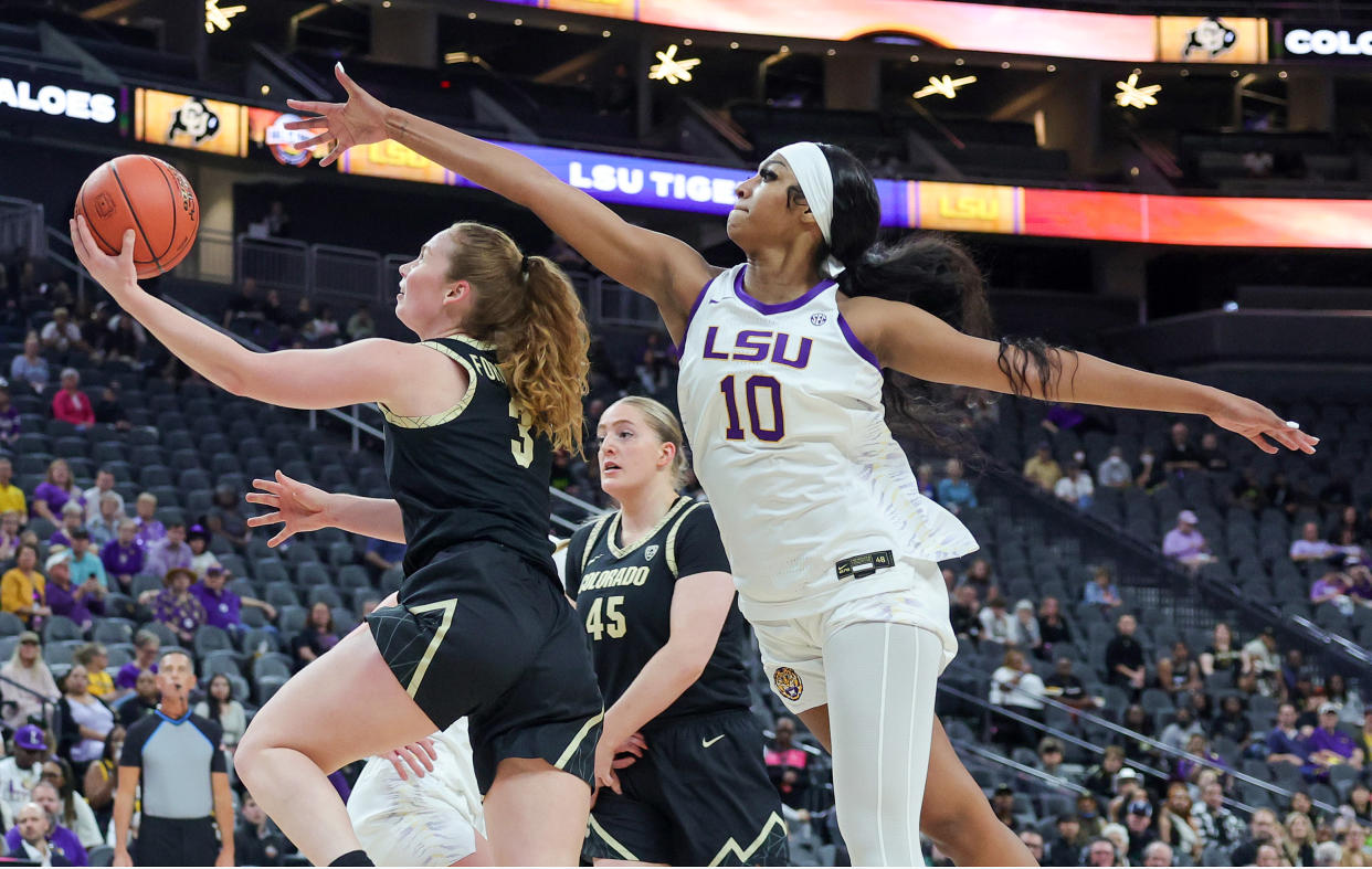 Colorado's Frida Formann shoots against LSU's Angel Reese in the first half of their game during the Naismith Basketball Hall of Fame Series at T-Mobile Arena in Las Vegas, on Nov. 6, 2023. (Photo by Ethan Miller/Getty Images)