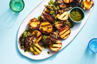 In this easy dinner, store-bought pesto works as both a simple marinade for the chicken and a finishing sauce. Grilling peaches caramelizes their natural sugars and adds a smoky flavor, turning them into a delicious side. Put this recipe on your meal plan for the week to come. <a href="https://www.epicurious.com/recipes/food/views/3-ingredient-pesto-grilled-chicken-with-peaches?mbid=synd_yahoo_rss" rel="nofollow noopener" target="_blank" data-ylk="slk:See recipe.;elm:context_link;itc:0" class="link ">See recipe.</a>