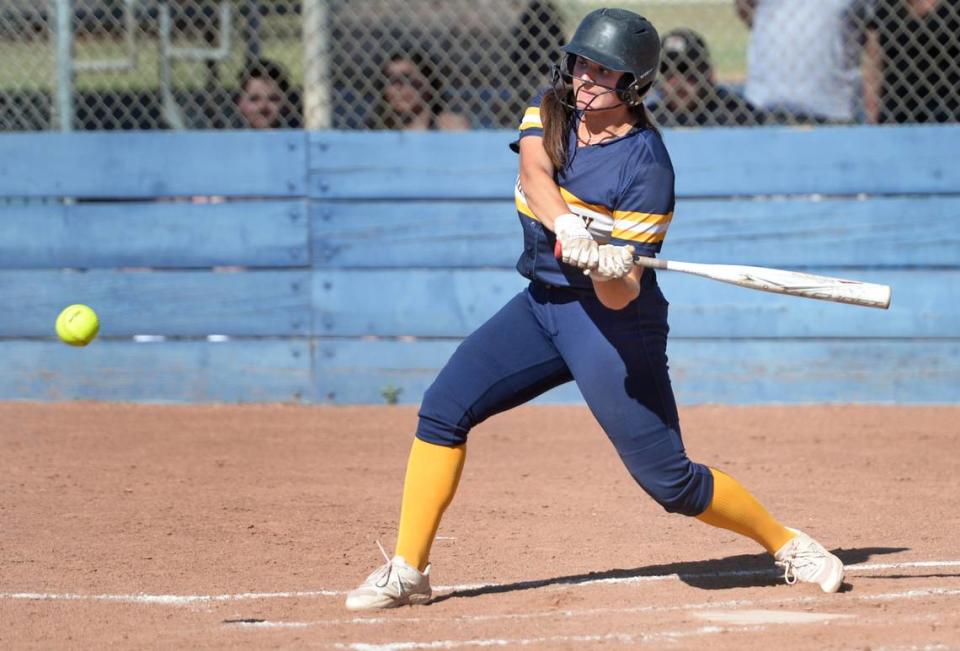 Big Valley Christian’s Kailey Rivera hits a home run against Leigh High School of San Jose during the CIF Northern California Division V Regional Playoffs at Big Valley Christian High School in Modesto, Calif. on Thursday, May 30, 2024.