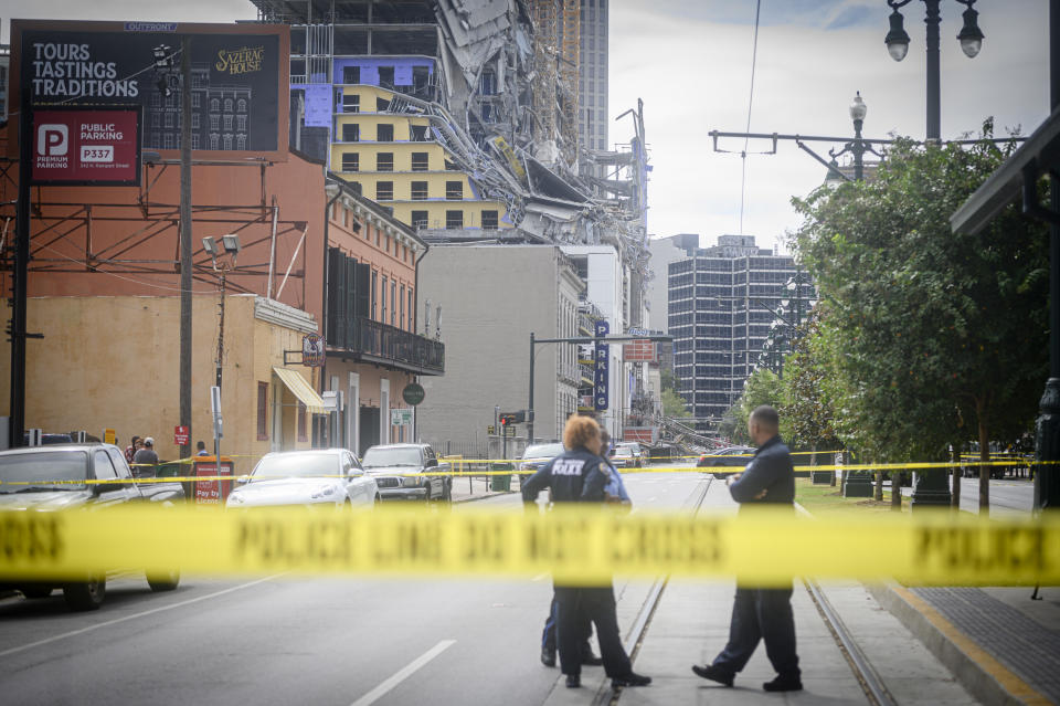 Emergency officials are on the scene of a partial building collapse at the Hard Rock Hotel construction site downtown New Orleans, Louisiana on October 12, 2019. - One person died and at least 18 others were injured Saturday when the top floors of a New Orleans hotel that was under construction collapsed, officials said.
The New Orleans fire department received reports at 9:12am local time that the Hard Rock Hotel in downtown New Orleans had collapsed. (Photo by Emily Kask / 30238387A / AFP) (Photo by EMILY KASK/30238387A /AFP via Getty Images)