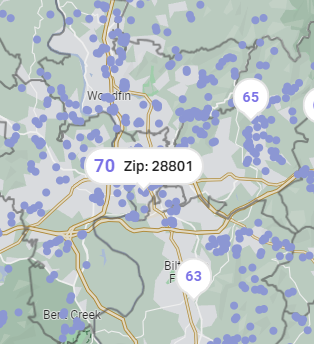 A current AirDNA map of Asheville's short-term rentals. The map does not breakout the City of Asheville from Woodfin or from greater-Buncombe, instead opting to measure the number of rentals based on area code.
