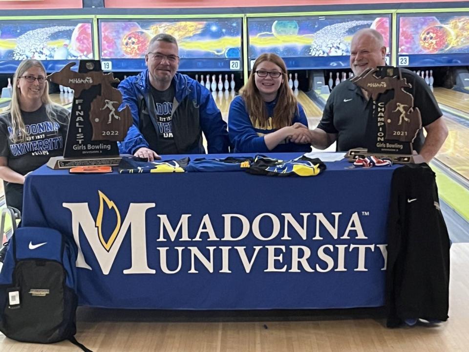 Cheboygan Area High School senior Izzy Portman officially signed to bowl for the Madonna University women's bowling team during a ceremony held at Cheboygan's Spare Time Lanes on Sunday, May 7.