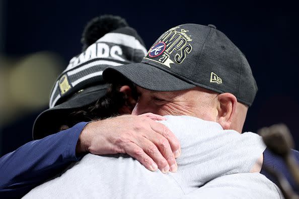 HOUSTON, TEXAS - NOVEMBER 02:  Manager Brian Snitker #43 and Dansby Swanson #7 celebrate the team's 7-0 victory against the Houston Astros in Game Six to win the 2021 World Series at Minute Maid Park on November 02, 2021 in Houston, Texas. (Photo by Elsa/Getty Images)