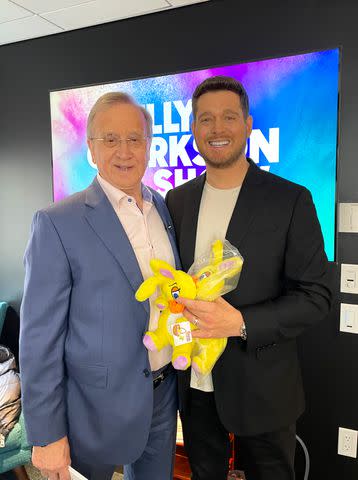 <p>Courtesy Harry Bird</p> Harry Bird with Michael Bublé and his BunnyDuck plushie on Dec. 5, 2023.