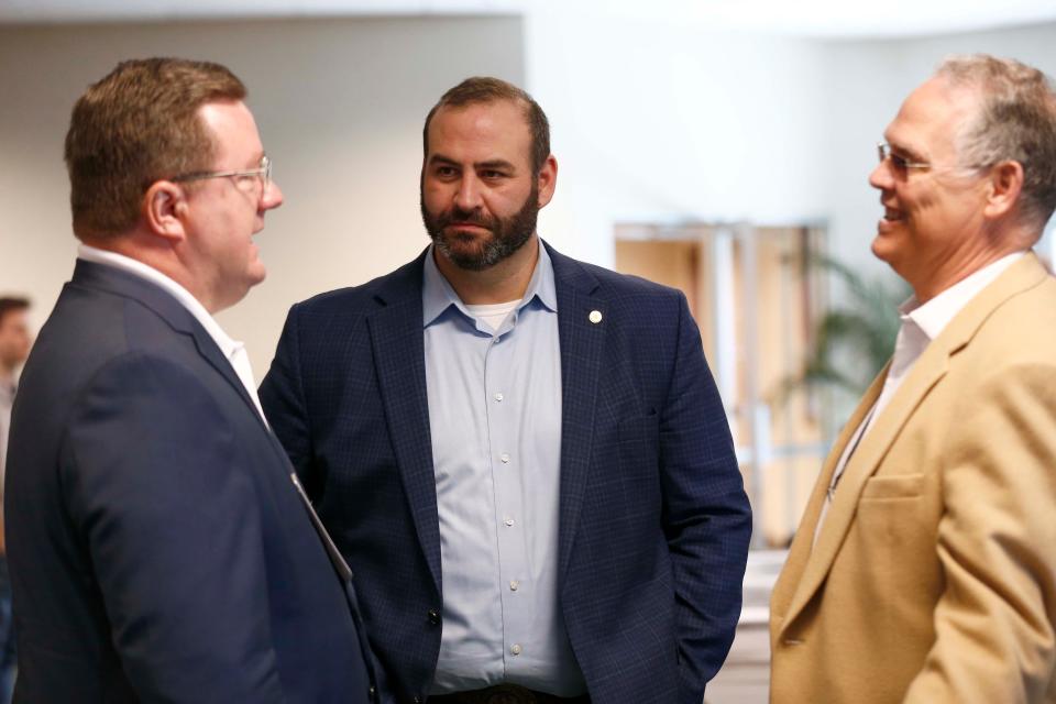 Rep. Adam Schwadron speaks with attendees at the GOP Lincoln Day event at the Oasis Convention Center on March 9, 2024.