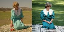 <p>Another memorable moment from the couple's Australian royal tour was their photo op with Prince William. The show placed actress Emma Corrin in a polka dot silk dress with an oversized bib collar, just like Princess Diana wore in real life.</p>