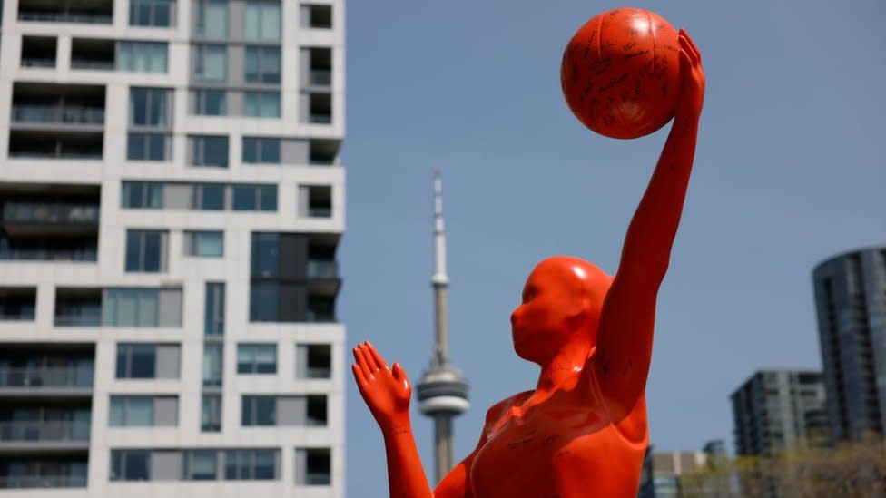 A 12-foot-tall sculpture of the WNBA logo is pictured at the Stackt Market in Toronto ahead of Canada's first WNBA game set for May 13, 2023. Toronto Star/Lance McMillanMay-10-2023