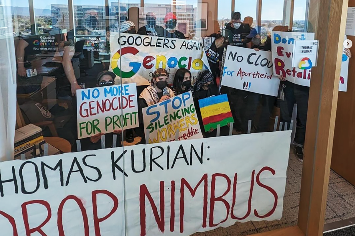 Google employees protests at the company offices in Sunnyvale, Calif., in an image posted to social media on Wednesday. (@notechforapartheir via Instagram)