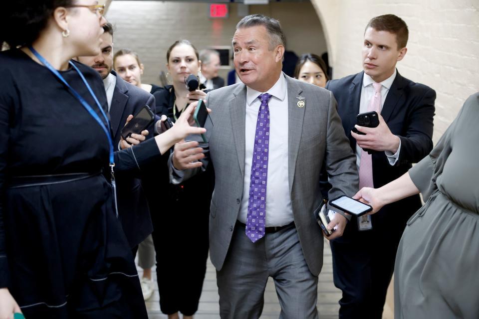 Rep. Don Bacon, R-Neb., is followed by reporters as he leaves a House Republican conference meeting in the U.S. Capitol Building on March 20, 2024 in Washington, DC.