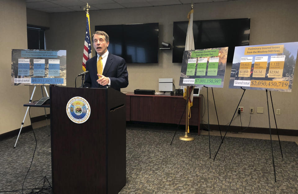 California Insurance Commissioner Dave Jones talks about the costs of recent wildfires during a news conference in Sacramento, Calif. Insurance claims from last month's California wildfires already are at $9 billion and expected to increase, the state's insurance commissioner announced Wednesday. (AP Photo/Kathleen Ronayne)