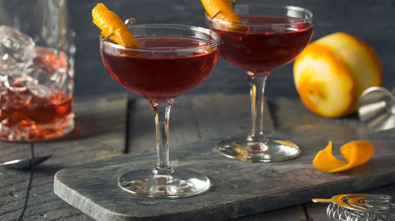 Boulevardier cocktails with orange peel