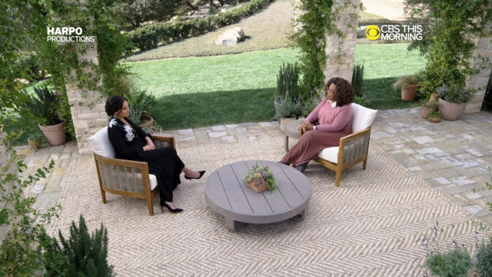 Meghan Markle and Oprah Winfrey sitting down to talk in an interview