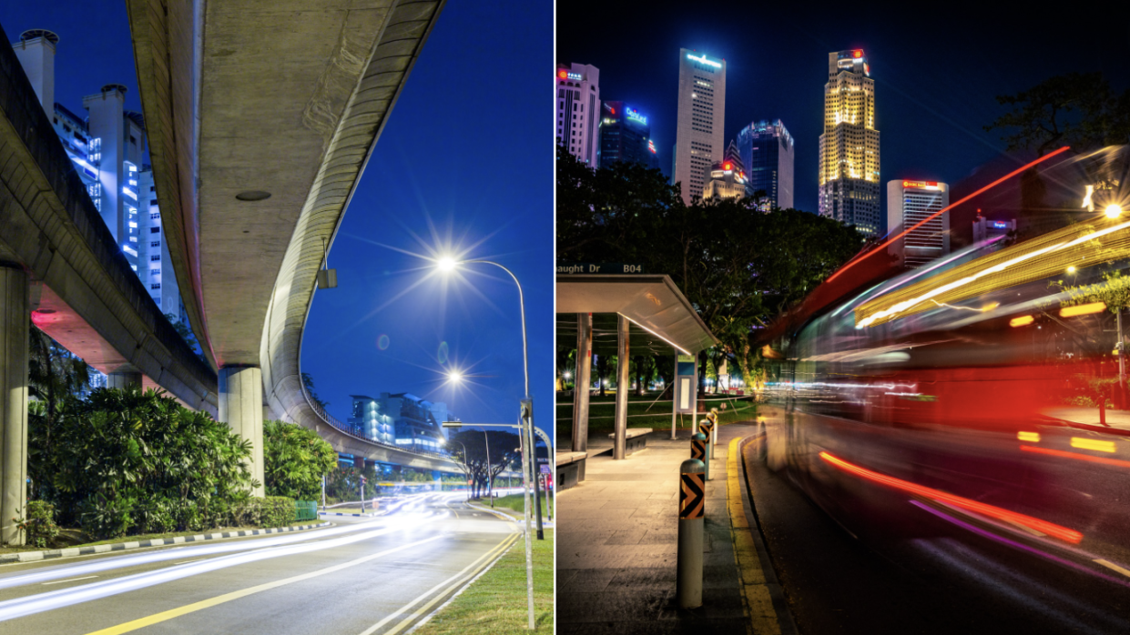 SMRT bridge at night (left) and moving night bus in CBD area in Singapore (Photos: Getty Images)